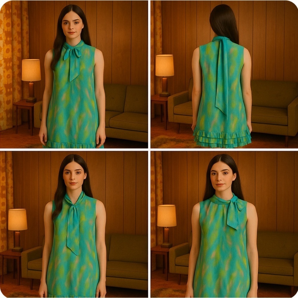 Vintage 60s Irving Nadler Watercolor Shift Dress S/M Green Sleeveless Ruffle Mod